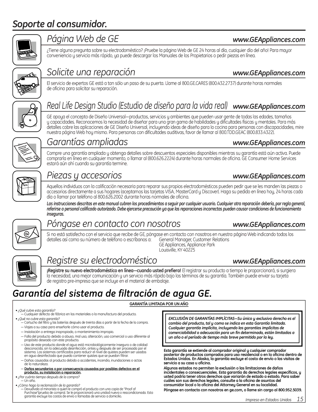 GE GX1S50F Soporte al consumidor Página Web de GE, Solicite una reparación, Garantías ampliadas, Piezas y accesorios 