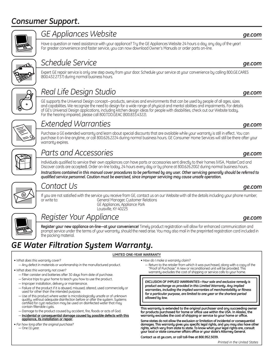 GE GX1S50F Consumer Support GE Appliances Website, Schedule Service, Real Life Design Studio, Extended Warranties 