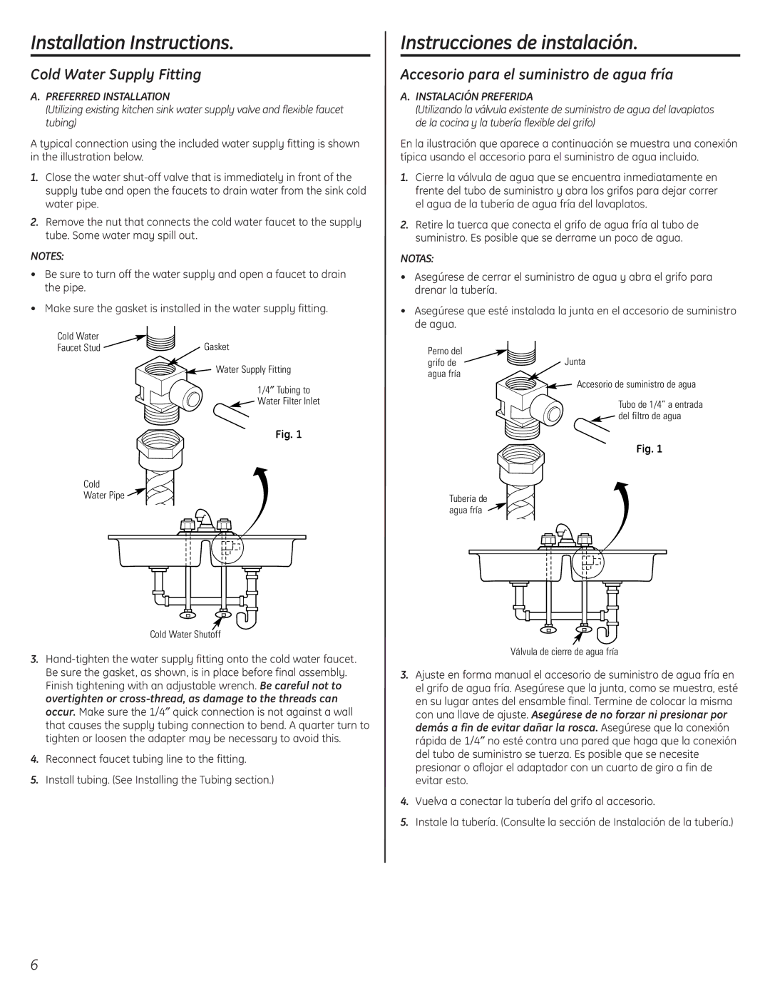 GE GX1S50F installation instructions Cold Water Supply Fitting, Accesorio para el suministro de agua fría 