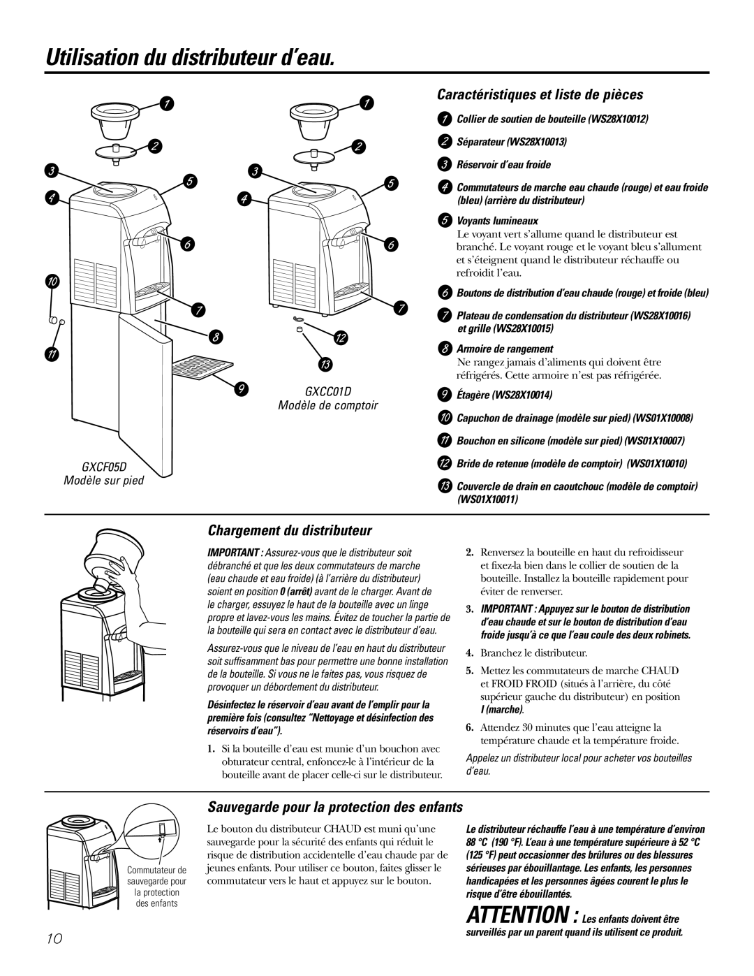 GE GXCF05D Utilisation du distributeur d’eau, Caractéristiques et liste de pièces, Chargement du distributeur 