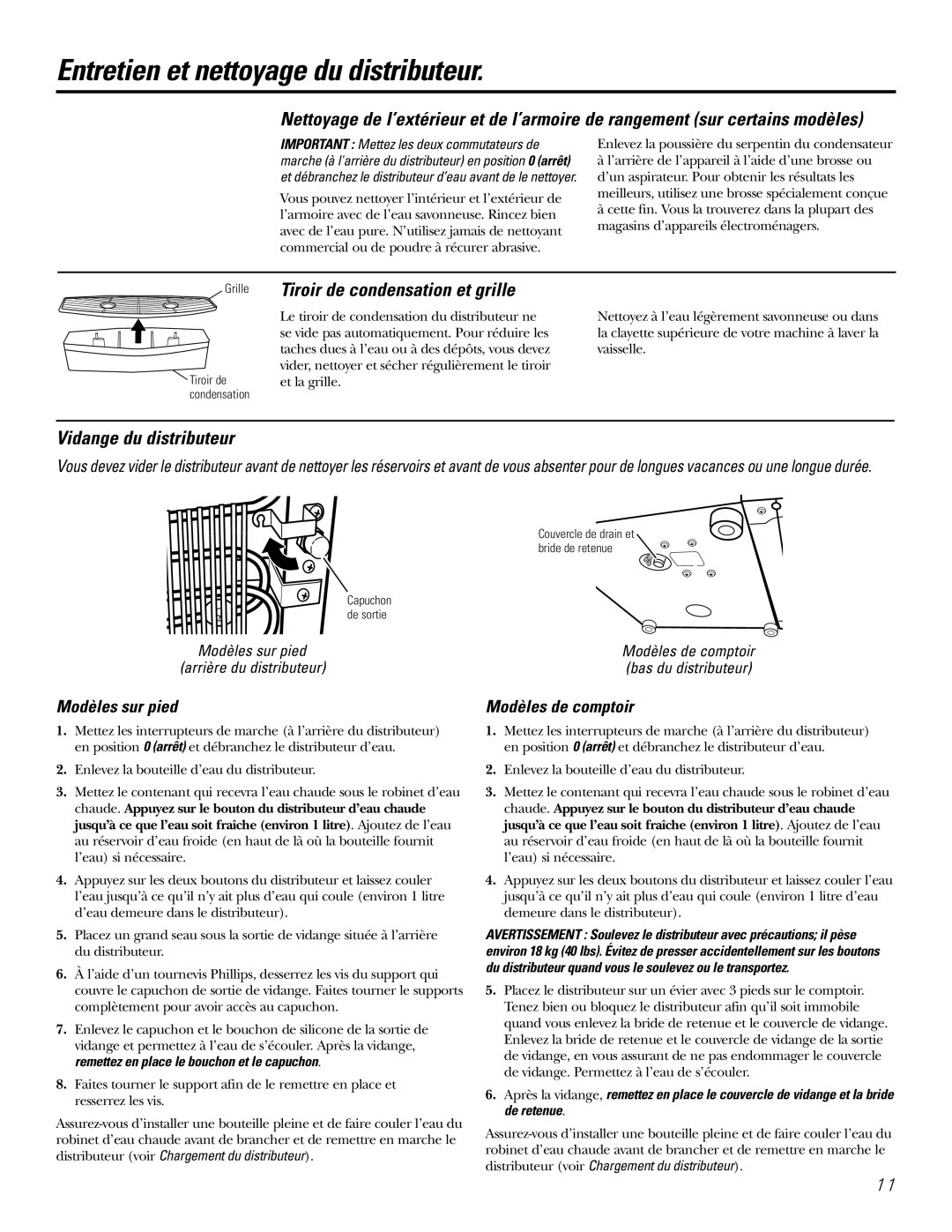 GE GXCF05D specifications Entretien et nettoyage du distributeur, Tiroir de condensation et grille, Vidange du distributeur 