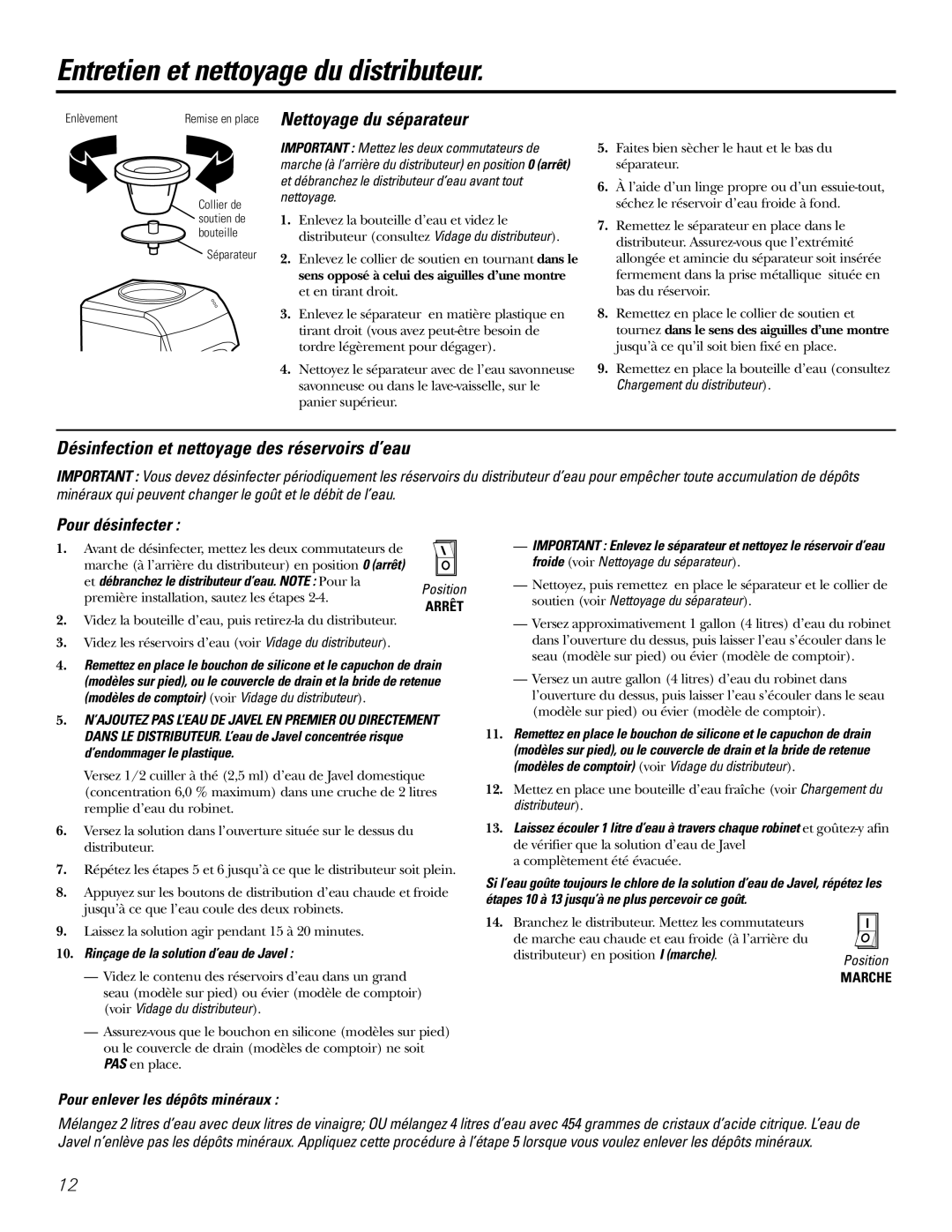 GE GXCF05D specifications Nettoyage du séparateur, Désinfection et nettoyage des réservoirs d’eau, Pour désinfecter 