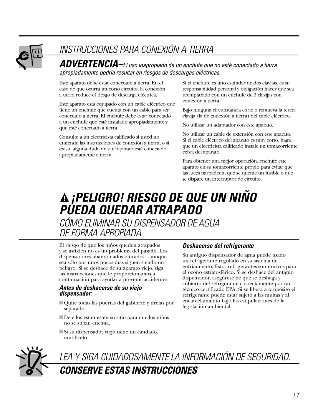 GE GXCF05D Instrucciones Para Conexión a Tierra, Antes de deshacerse de su viejo dispensador, Deshacerse del refrigerante 