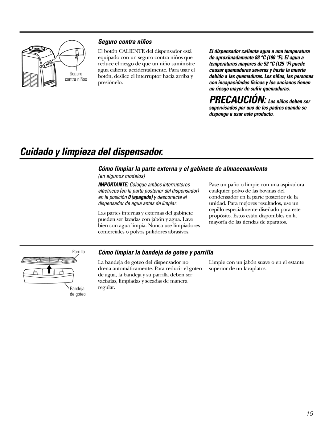 GE GXCF05D Cuidado y limpieza del dispensador, Seguro contra niños, Cómo limpiar la bandeja de goteo y parrilla 