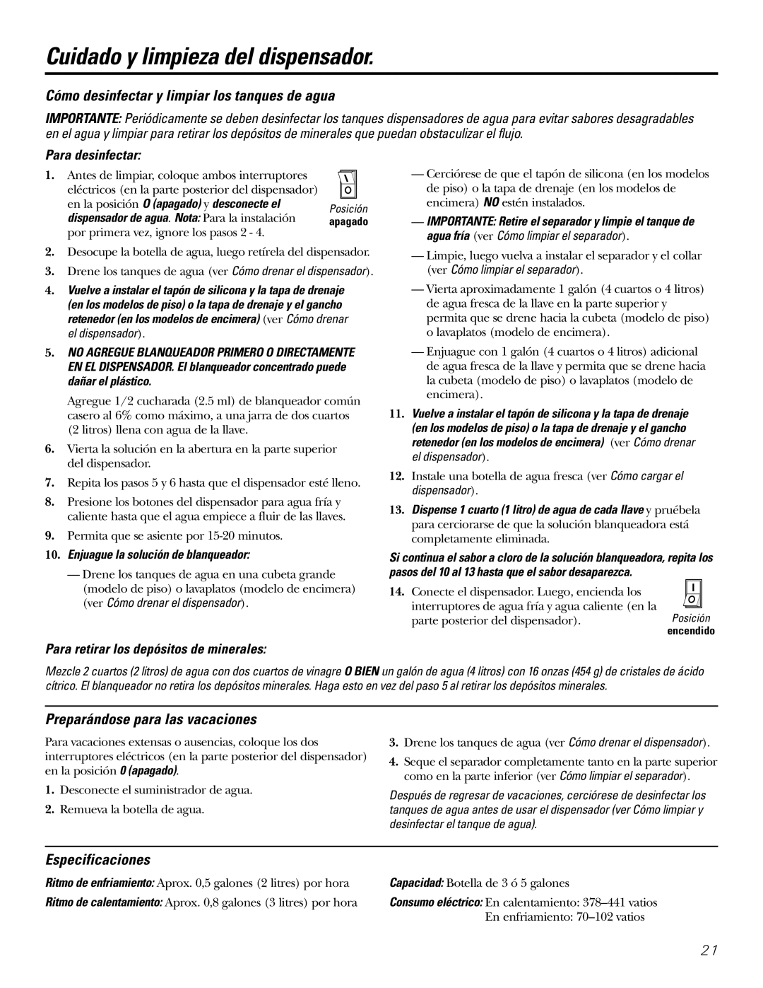 GE GXCF05D Cómo desinfectar y limpiar los tanques de agua, Preparándose para las vacaciones, Especificaciones 