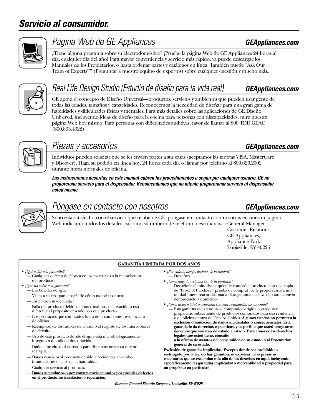 GE GXCF05D Servicio al consumidor Página Web de GE Appliances, Piezas y accesorios, Póngase en contacto con nosotros 