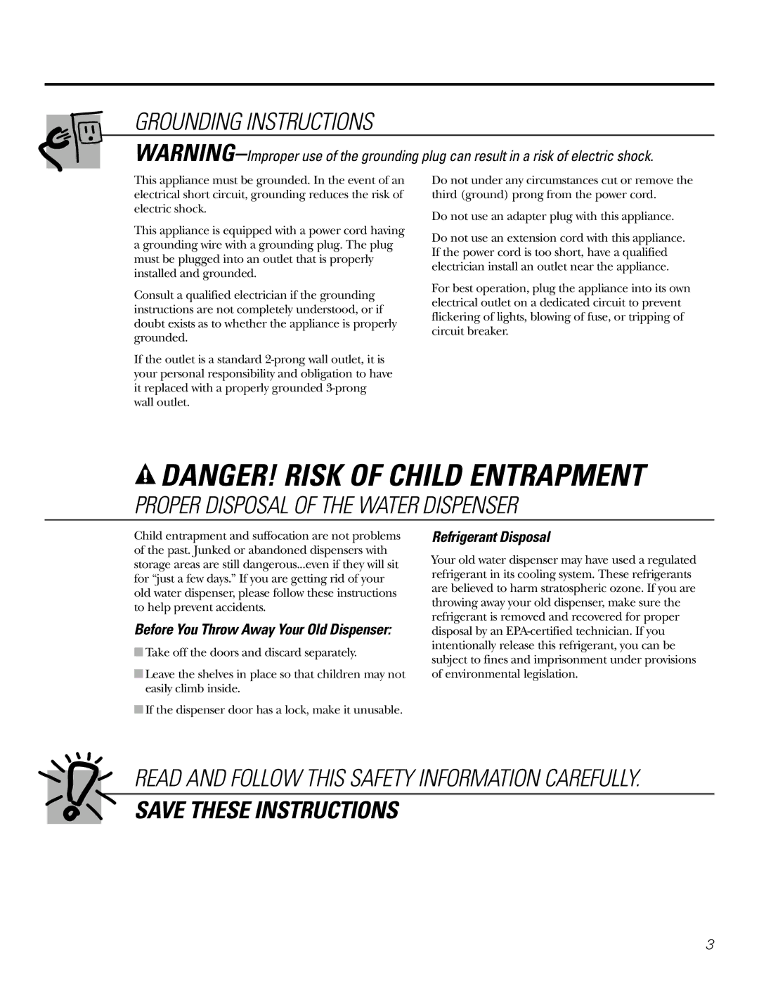 GE GXCF05D specifications Grounding Instructions, Proper Disposal of the Water Dispenser, Refrigerant Disposal 