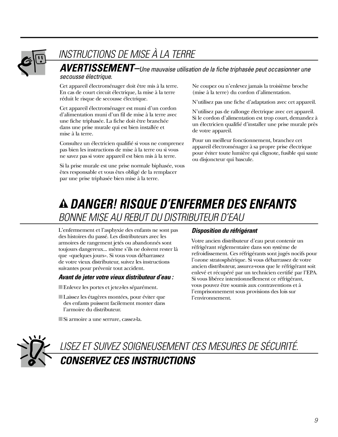 GE GXCF05D Instructions DE Mise À LA Terre, Bonne Mise AU Rebut DU Distributeur D’EAU, Disposition du réfrigérant 