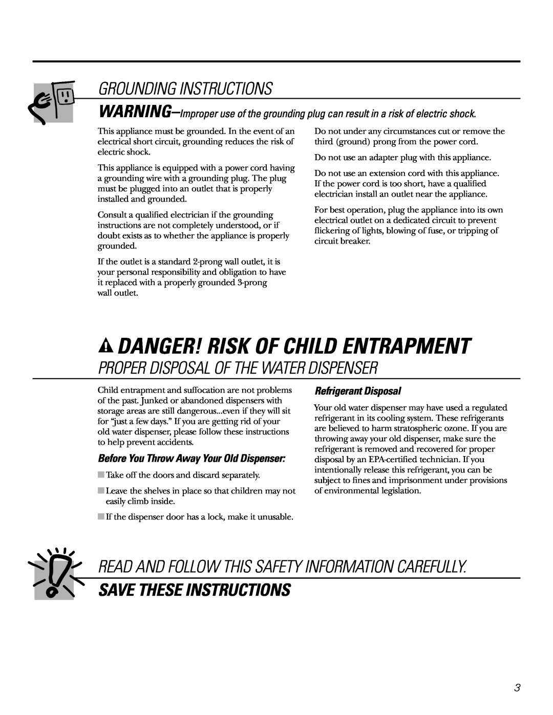 GE GXCF05D specifications Danger! Risk Of Child Entrapment, Grounding Instructions, Proper Disposal Of The Water Dispenser 