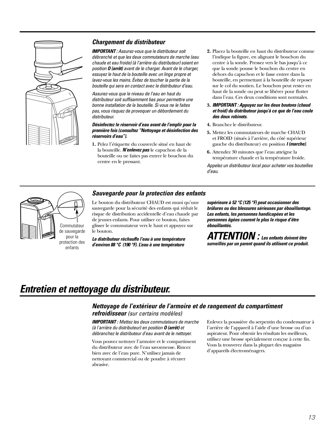 GE GXCF20E Entretien et nettoyage du distributeur, Chargement du distributeur, Sauvegarde pour la protection des enfants 