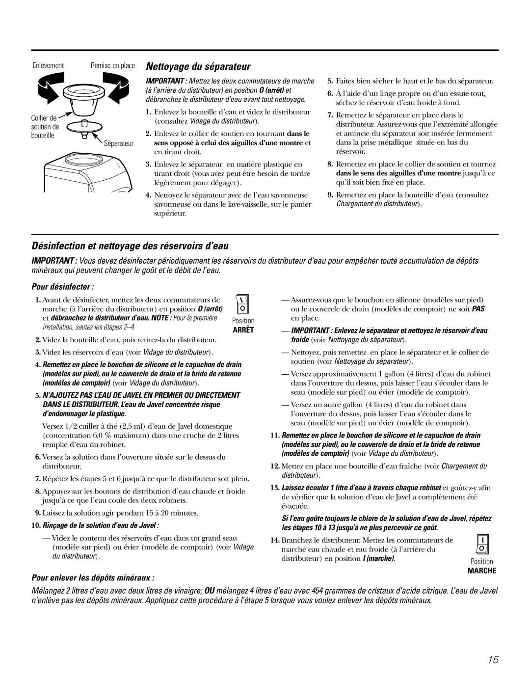 GE GXCF20E, GXCF20FBB owner manual Nettoyage du séparateur, Désinfection et nettoyage des réservoirs d’eau, Pour désinfecter 