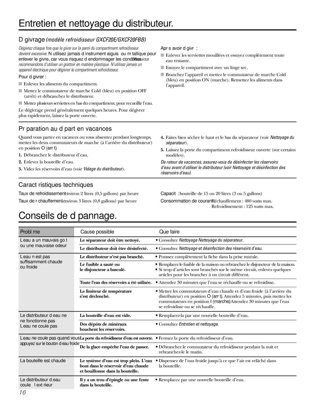 GE GXCF20FBB, GXCF20E owner manual Conseils de dépannage, Préparation au départ en vacances, Caractéristiques techniques 