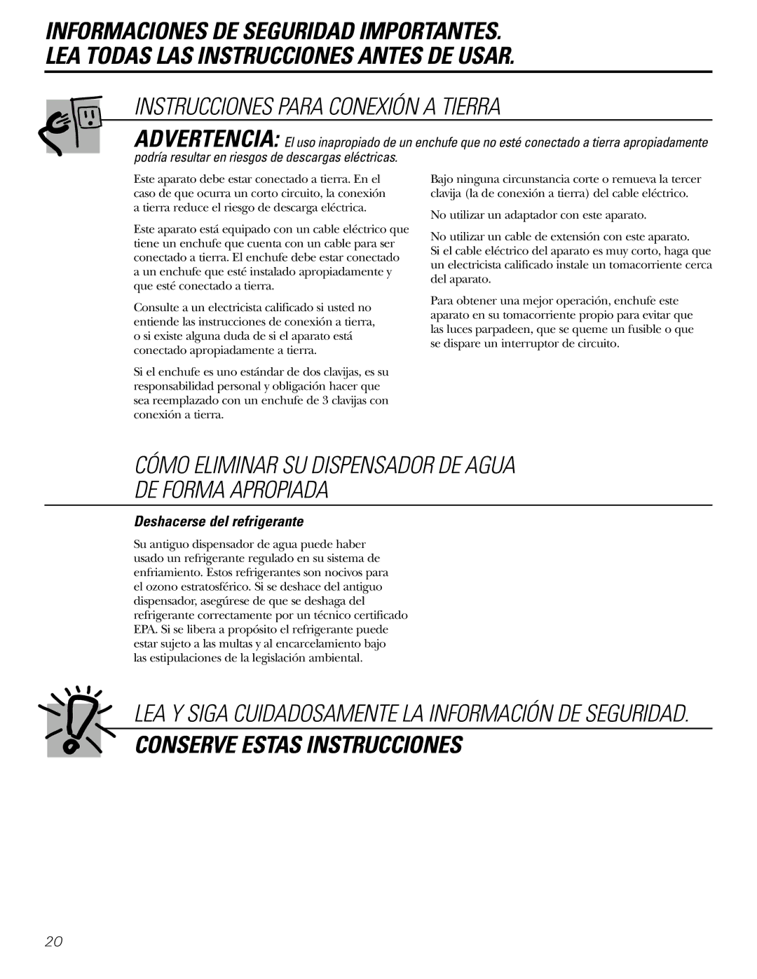 GE GXCF20FBB, GXCF20E Instrucciones Para Conexión a Tierra, Cómo Eliminar SU Dispensador DE Agua DE Forma Apropiada 