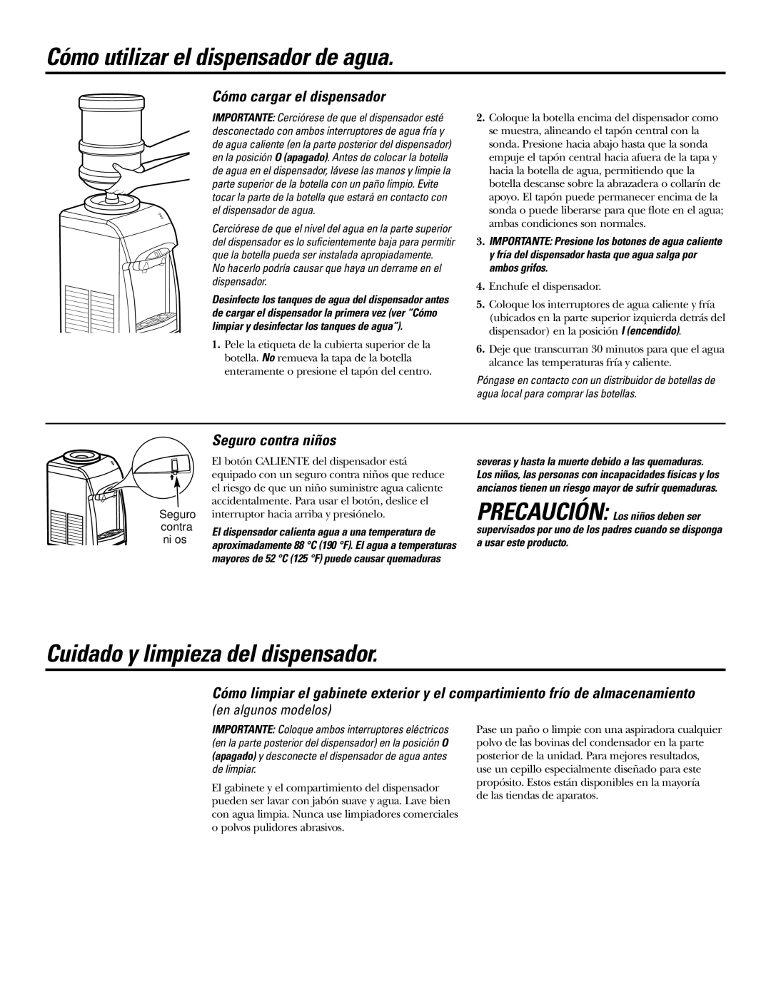 GE GXCF20FBB, GXCF20E owner manual Cuidado y limpieza del dispensador, Cómo cargar el dispensador, Seguro contra niños 