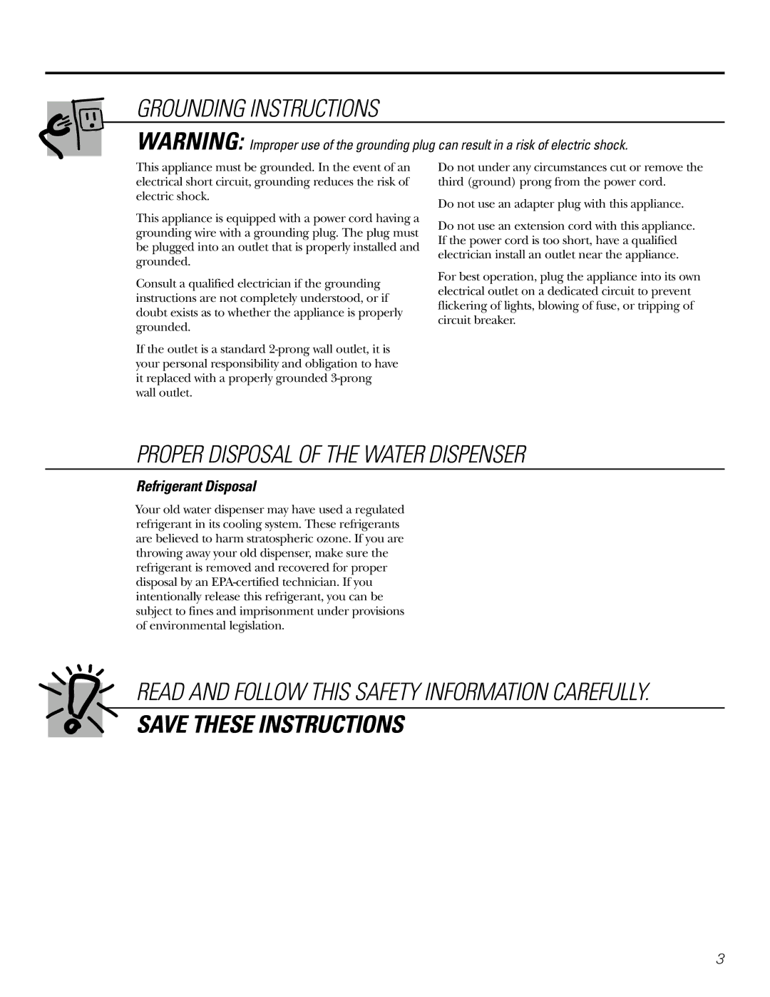 GE GXCF20E, GXCF20FBB owner manual Grounding Instructions, Proper Disposal of the Water Dispenser, Refrigerant Disposal 