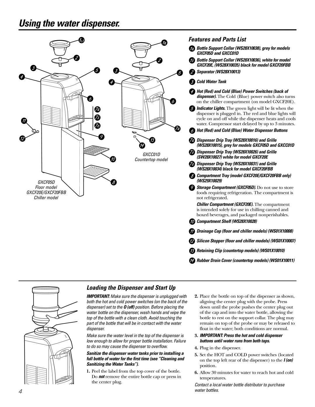 GE GXCF20FBB, GXCF20E owner manual Using the water dispenser, Features and Parts List, Loading the Dispenser and Start Up 