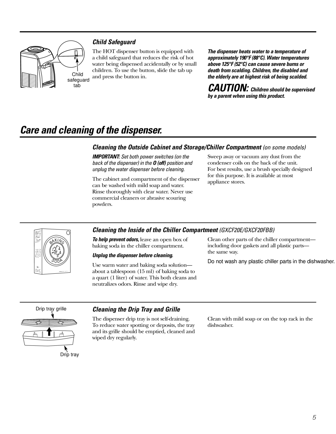 GE GXCF20E, GXCF20FBB owner manual Care and cleaning of the dispenser, Child Safeguard, Unplug the dispenser before cleaning 