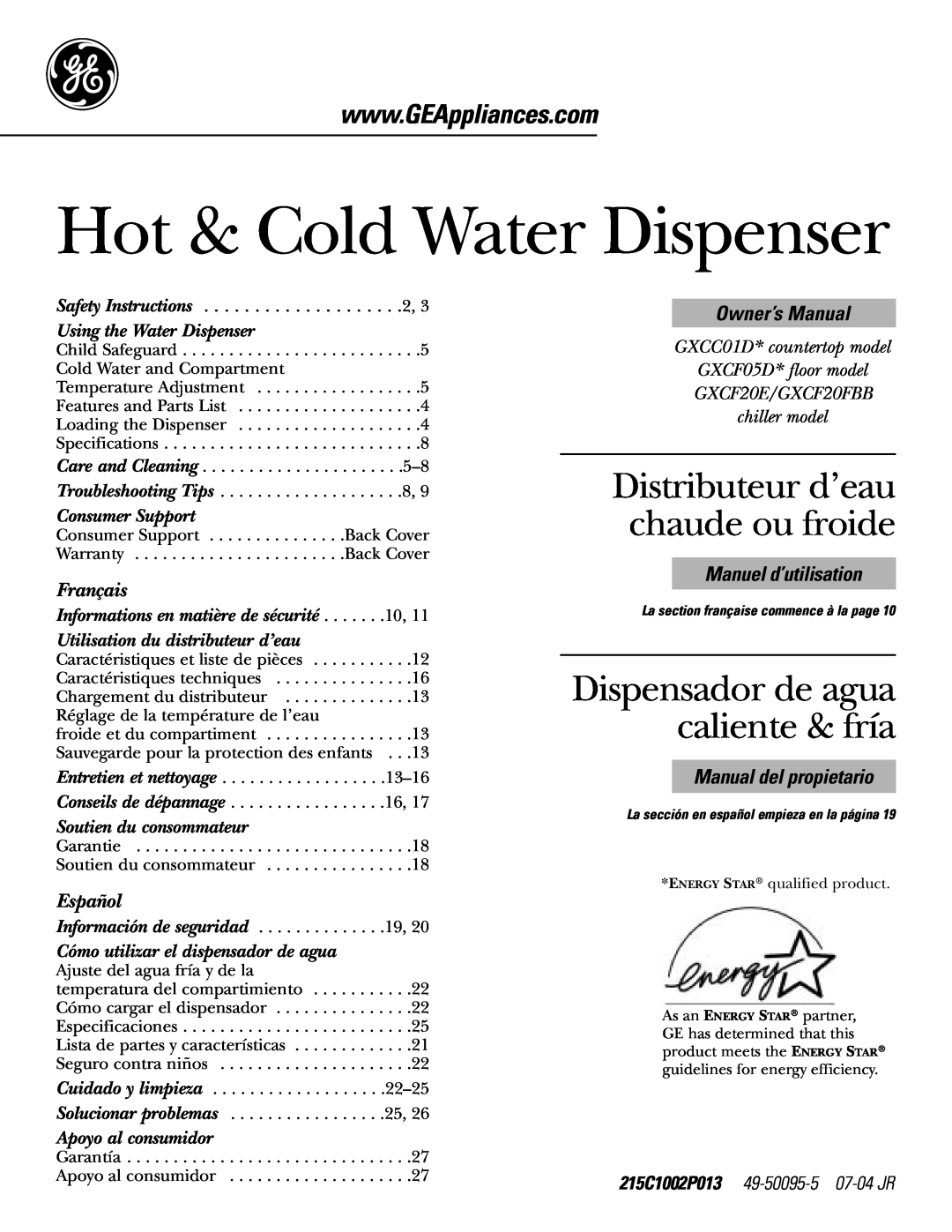 GE GXCF20E, GXCF20FBB owner manual Hot & Cold Water Dispenser, Distributeur d’eau chaude ou froide, Français, Español 