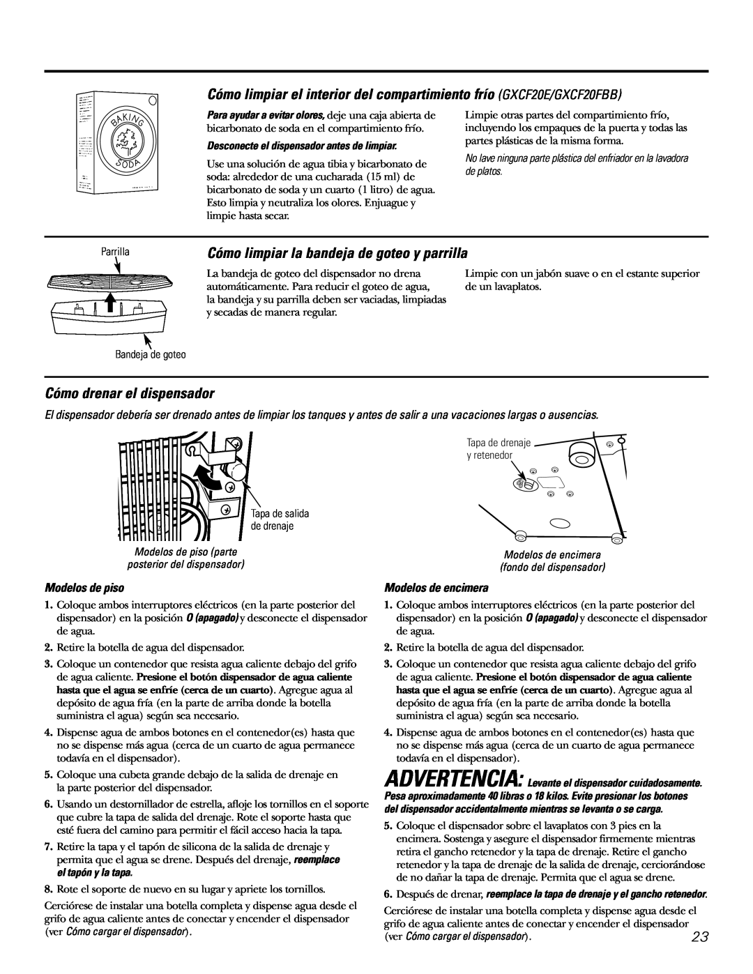 GE owner manual Cómo limpiar el interior del compartimiento frío GXCF20E/GXCF20FBB, Cómo drenar el dispensador 