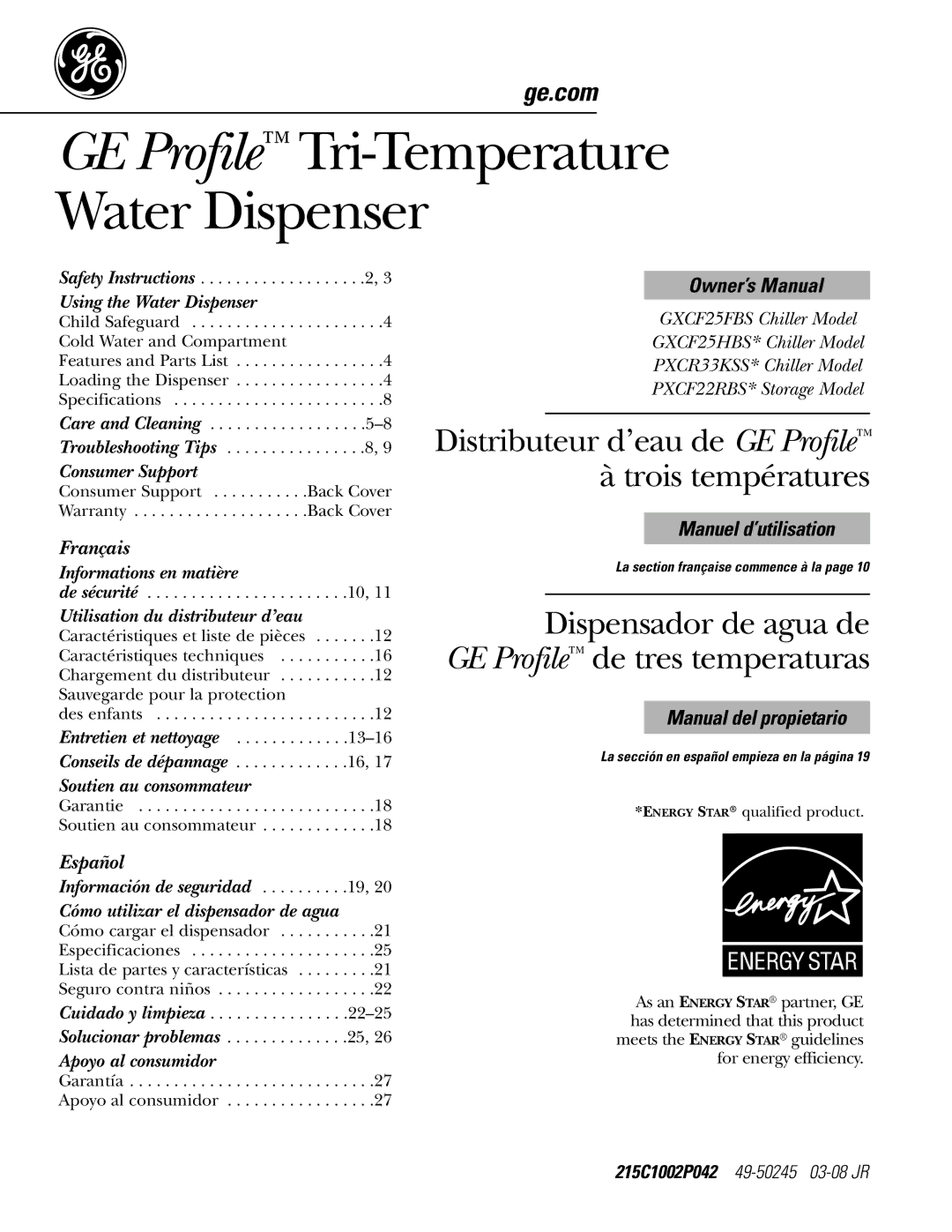 GE PXCF22RBS, GXCF25FBS owner manual GE Profile Tri-Temperature Water Dispenser 