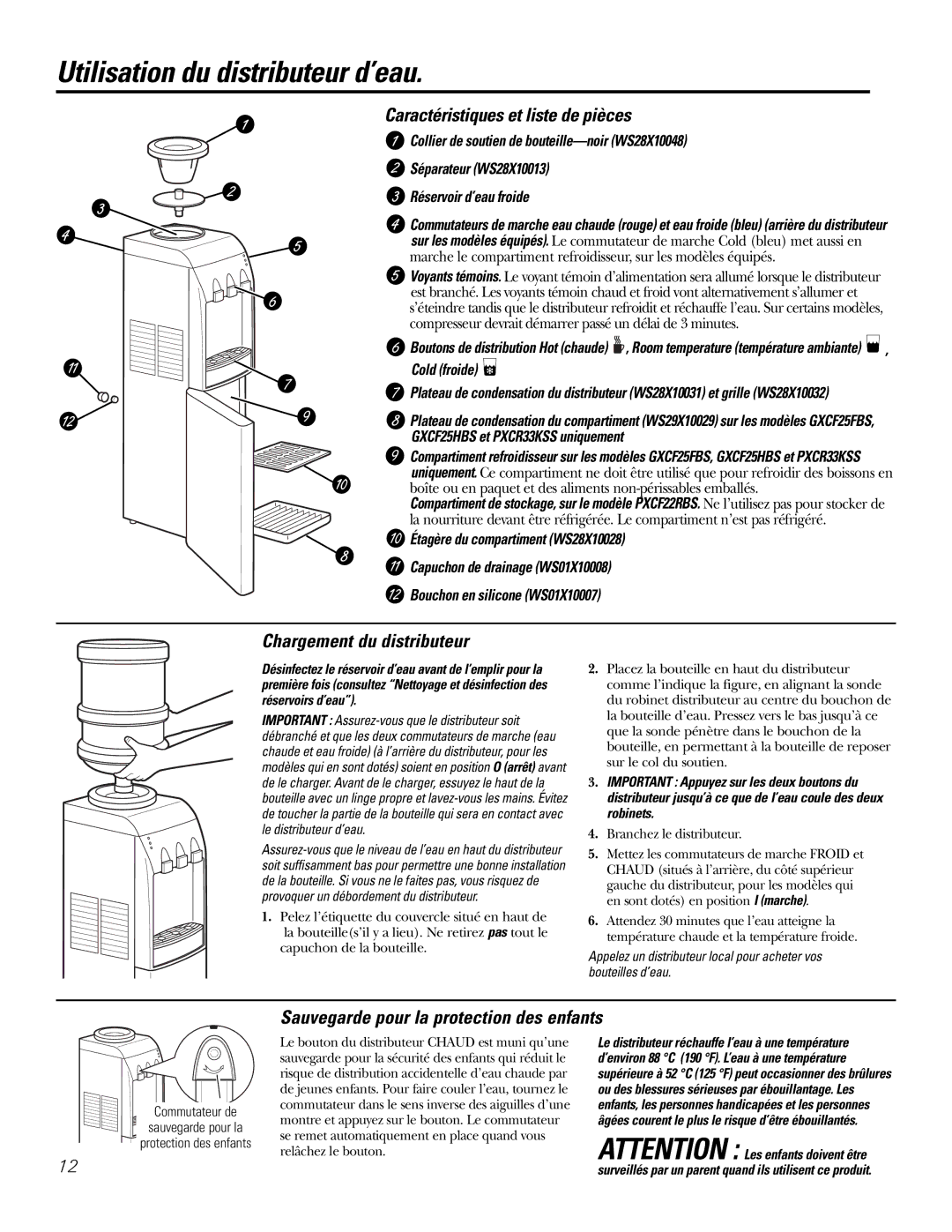 GE GXCF25FBS, PXCF22RBS Utilisation du distributeur d’eau, Caractéristiques et liste de pièces, Chargement du distributeur 