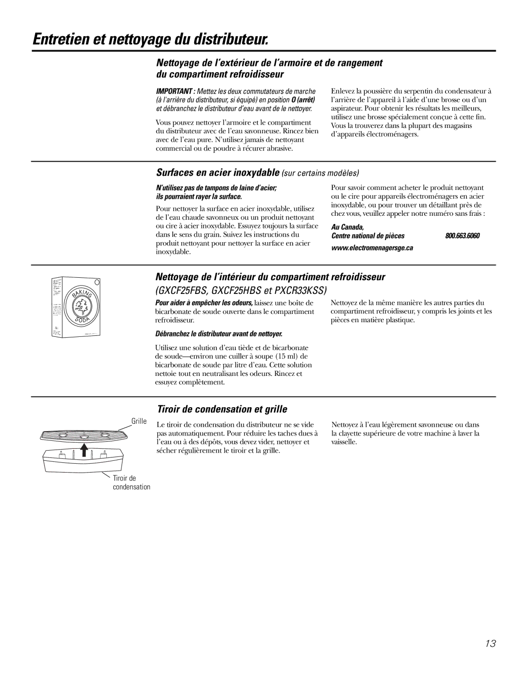 GE PXCF22RBS, GXCF25FBS Entretien et nettoyage du distributeur, Surfaces en acier inoxydable sur certains modèles 