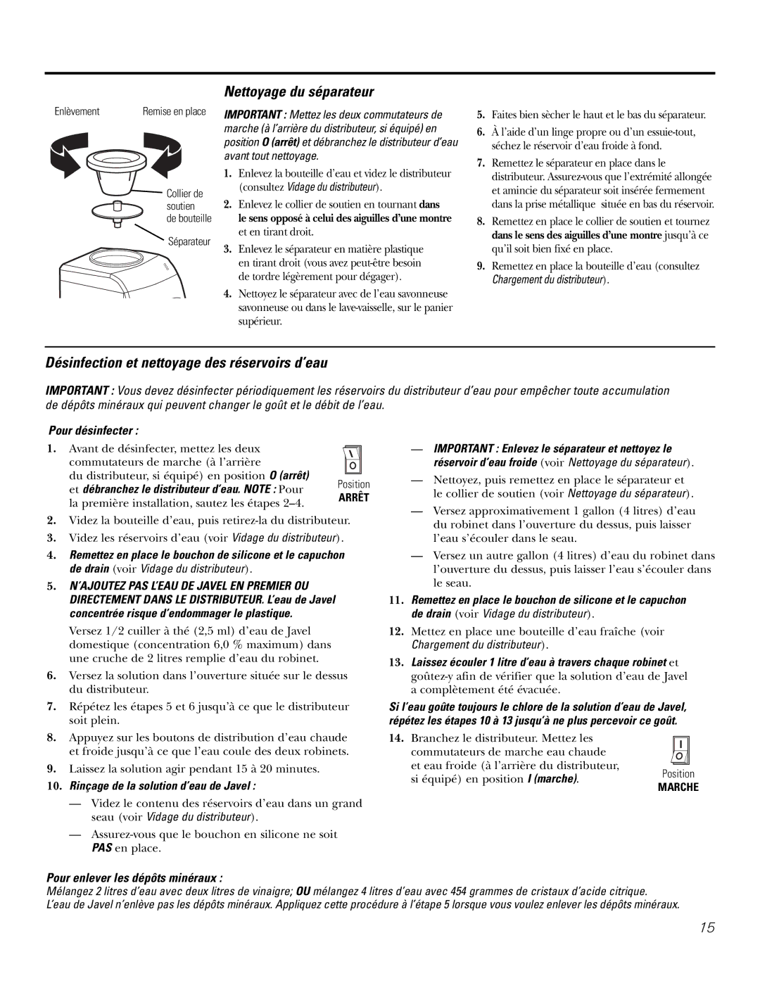 GE PXCF22RBS, GXCF25FBS Nettoyage du séparateur, Désinfection et nettoyage des réservoirs d’eau, Pour désinfecter 