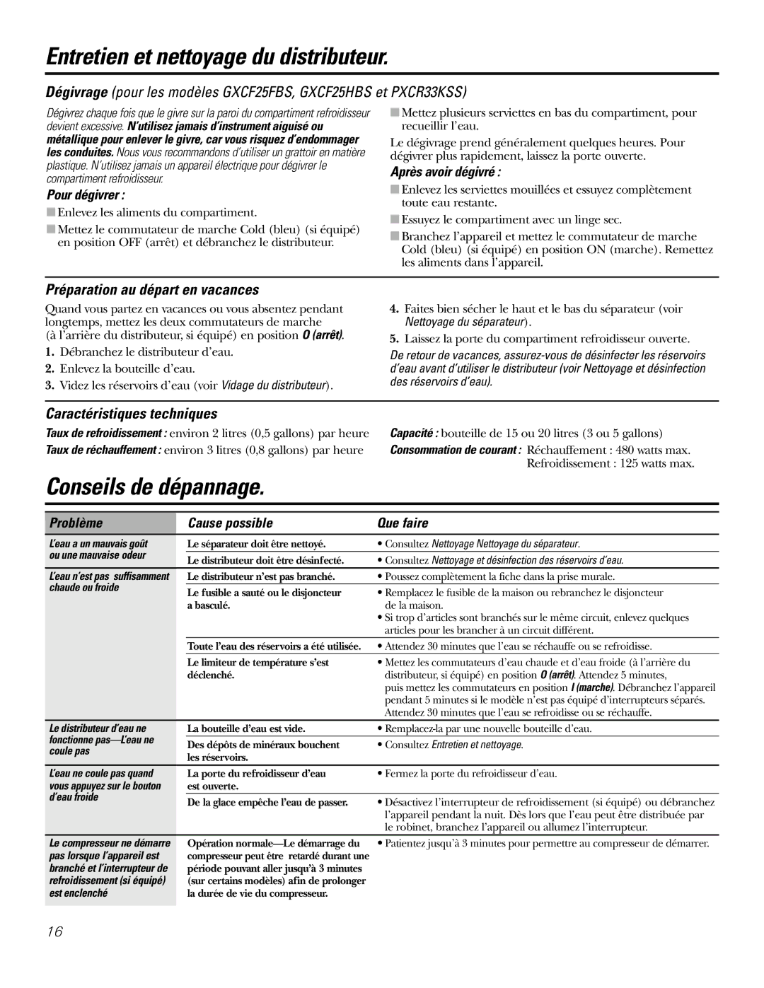 GE GXCF25FBS, PXCF22RBS owner manual Conseils de dépannage, Préparation au départ en vacances, Caractéristiques techniques 