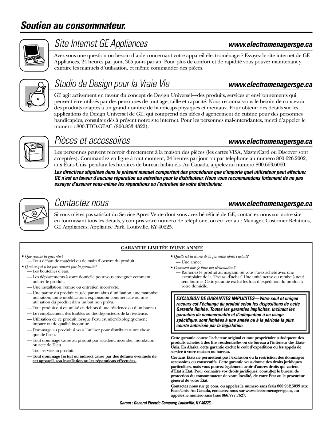 GE GXCF25FBS Soutien au consommateur Site Internet GE Appliances, Studio de Design pour la Vraie Vie, Contactez nous 