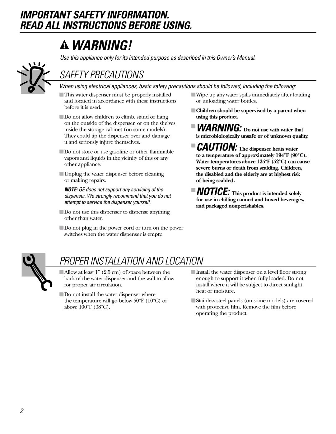 GE GXCF25FBS, PXCF22RBS owner manual Safety Precautions, Proper Installation and Location 