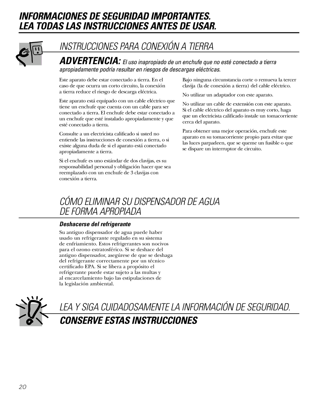 GE GXCF25FBS, PXCF22RBS Instrucciones Para Conexión a Tierra, Cómo Eliminar SU Dispensador DE Agua DE Forma Apropiada 