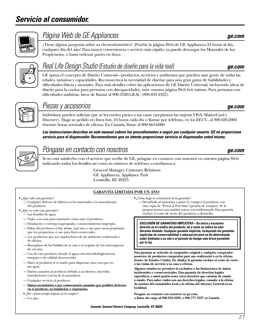 GE PXCF22RBS Servicio al consumidor Página Web de GE Appliances, Piezas y accesorios, Póngase en contacto con nosotros 