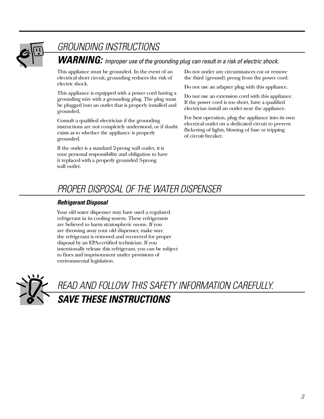 GE PXCF22RBS, GXCF25FBS owner manual Grounding Instructions, Proper Disposal of the Water Dispenser, Refrigerant Disposal 