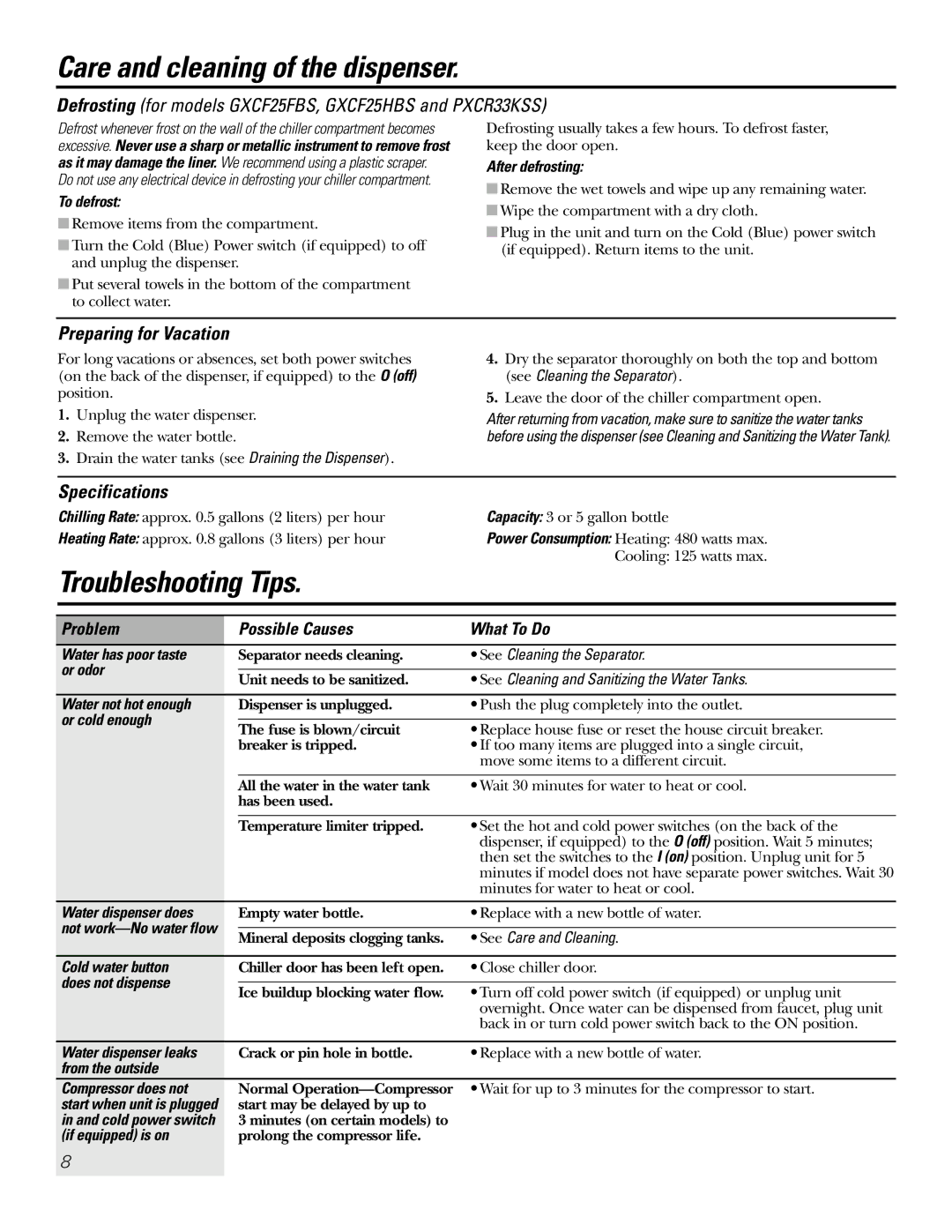 GE GXCF25FBS, PXCF22RBS owner manual Troubleshooting Tips, Preparing for Vacation, Specifications 