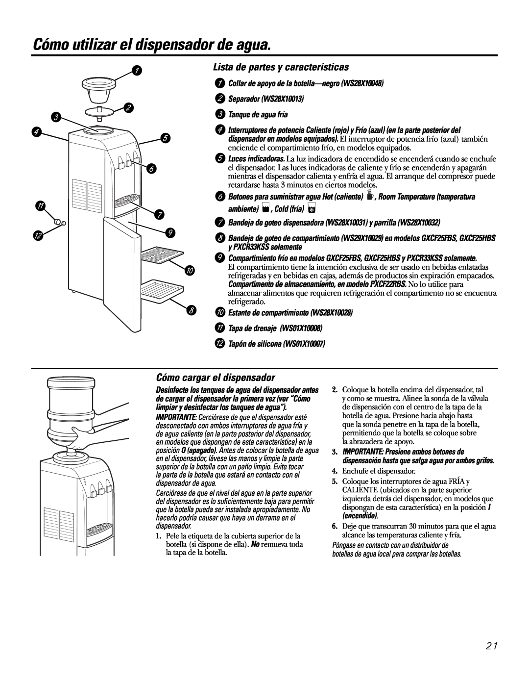 GE PXCF22RBS Cómo utilizar el dispensador de agua, Lista de partes y características, Cómo cargar el dispensador 