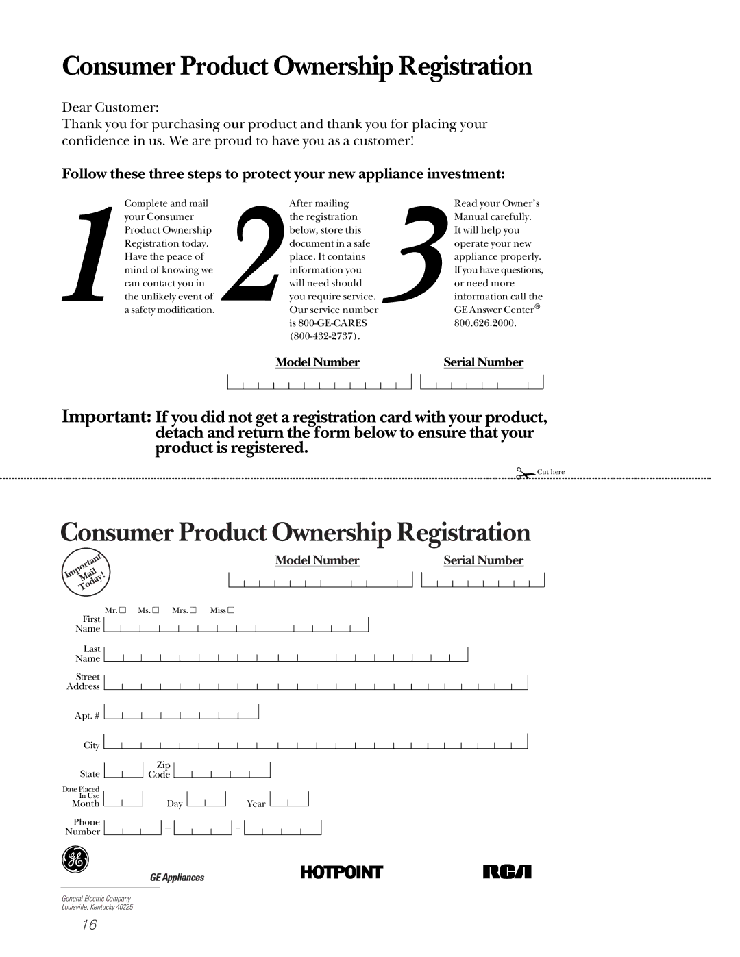 GE GNUT05B, GXEM01B, GNUL30B owner manual Consumer Product Ownership Registration 