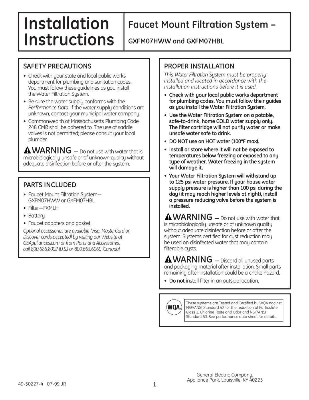 GE GXFM07HBL, GXFM07HWW installation instructions Faucet Mount Filtration System, Safety Precautions, Parts Included 