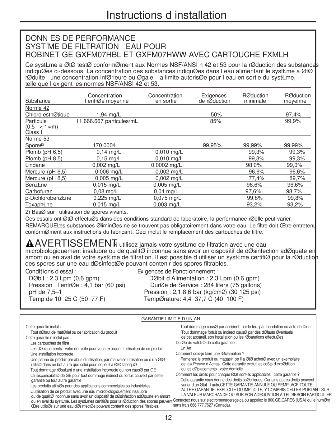 GE installation instructions Robinet GE GXFM07HBL ET GXFM07HWW Avec Cartouche Fxmlh 