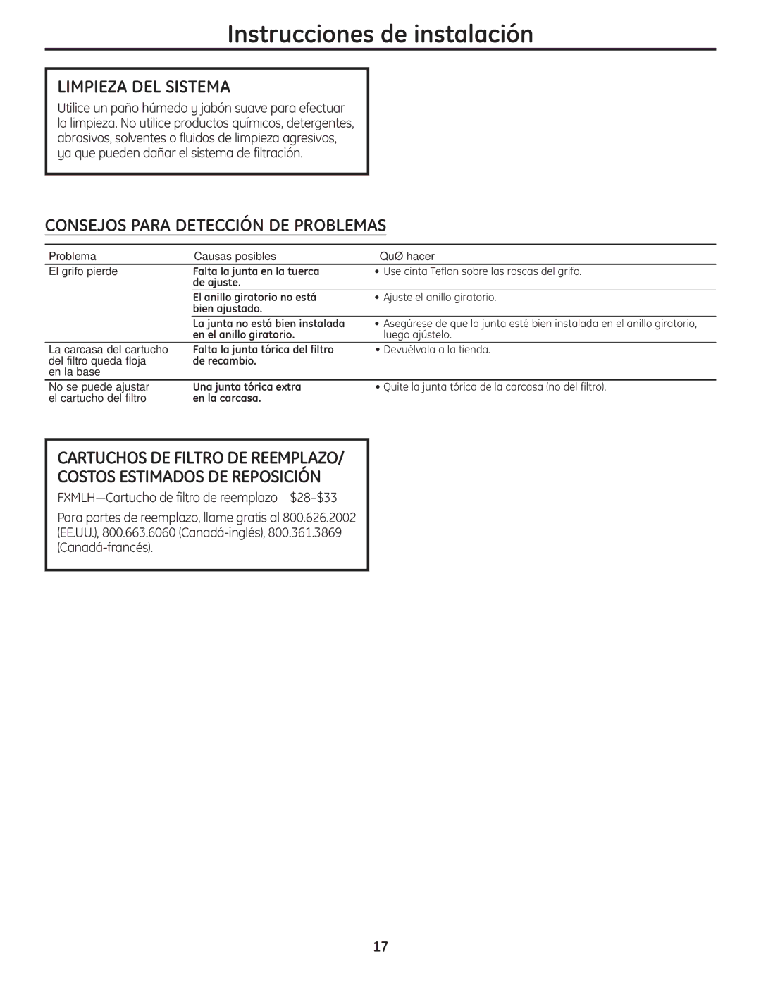 GE GXFM07HBL, GXFM07HWW installation instructions Limpieza DEL Sistema, Consejos Para Detección DE Problemas 