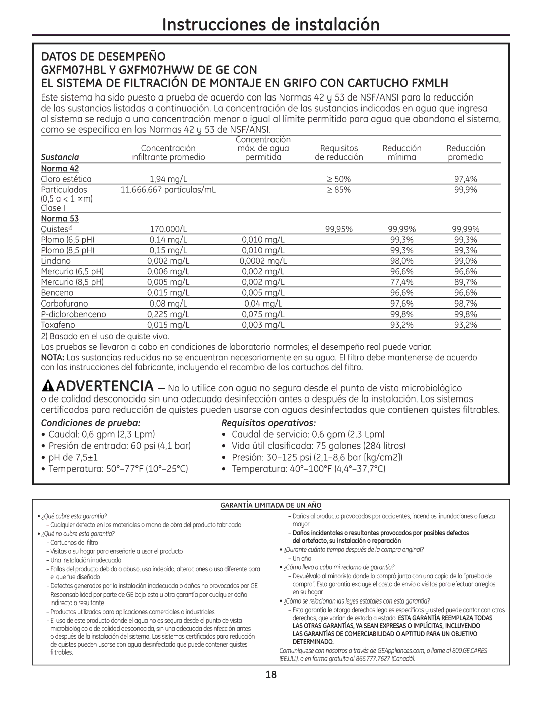 GE GXFM07HWW Requisitos, Mayor, Cartuchos del filtro, Una instalación inadecuada Un año, El que fue diseñado, En su hogar 