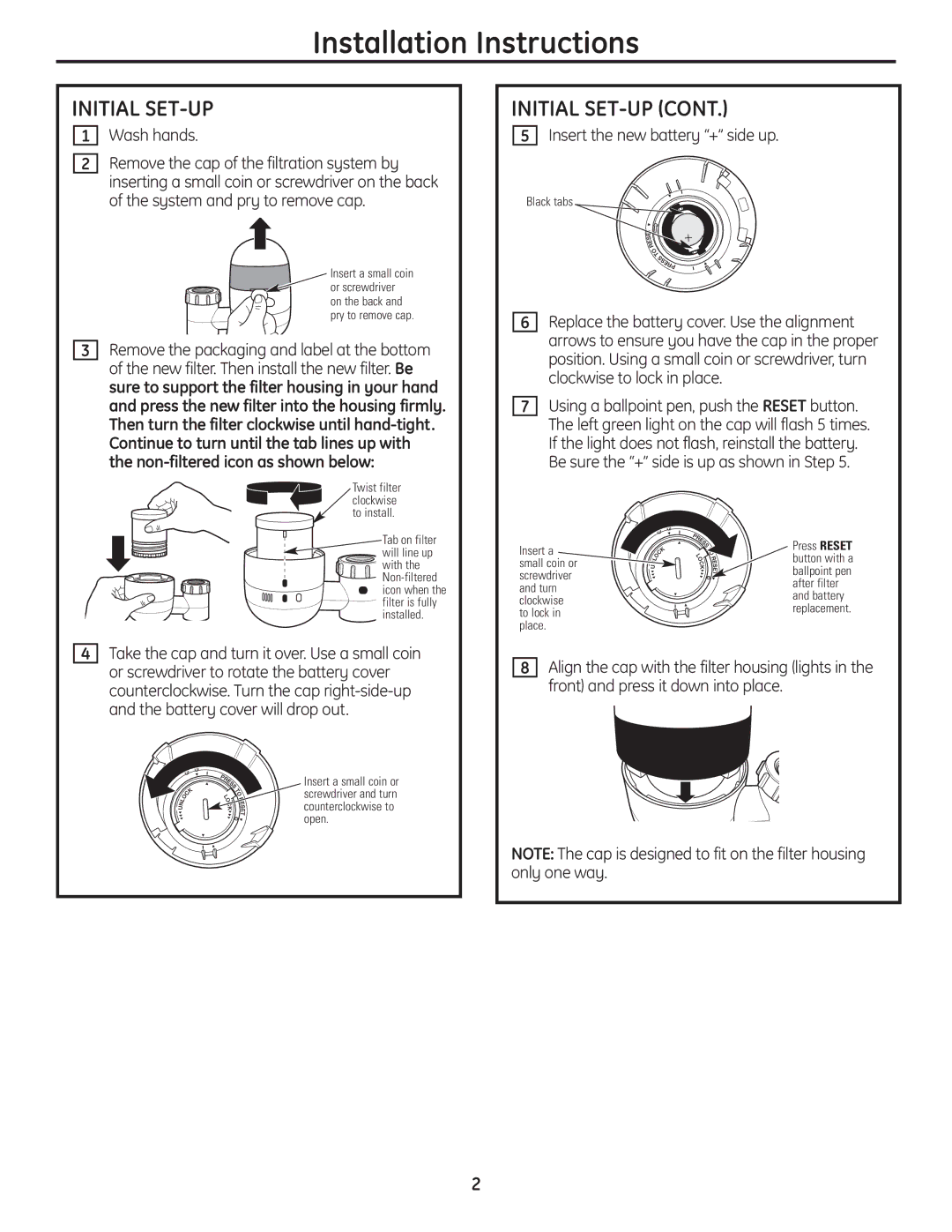 GE GXFM07HWW, GXFM07HBL Installation Instructions, Initial SET-UP, Insert the new battery + side up 