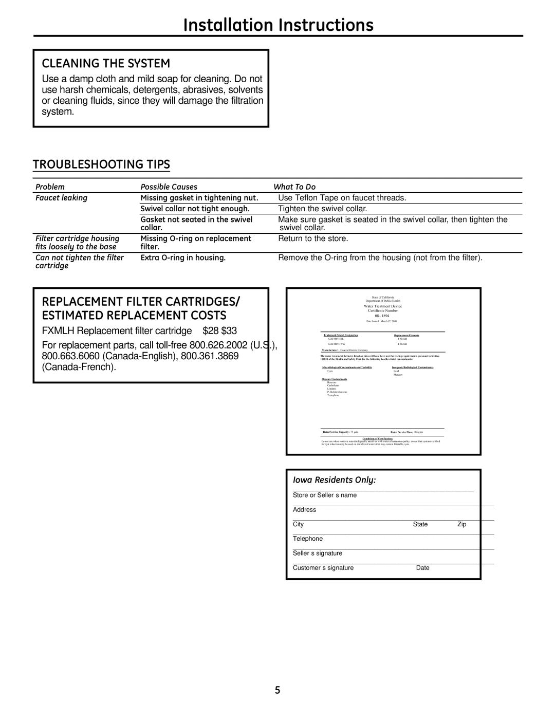 GE GXFM07HBL, GXFM07HWW installation instructions Cleaning the System, Troubleshooting Tips 