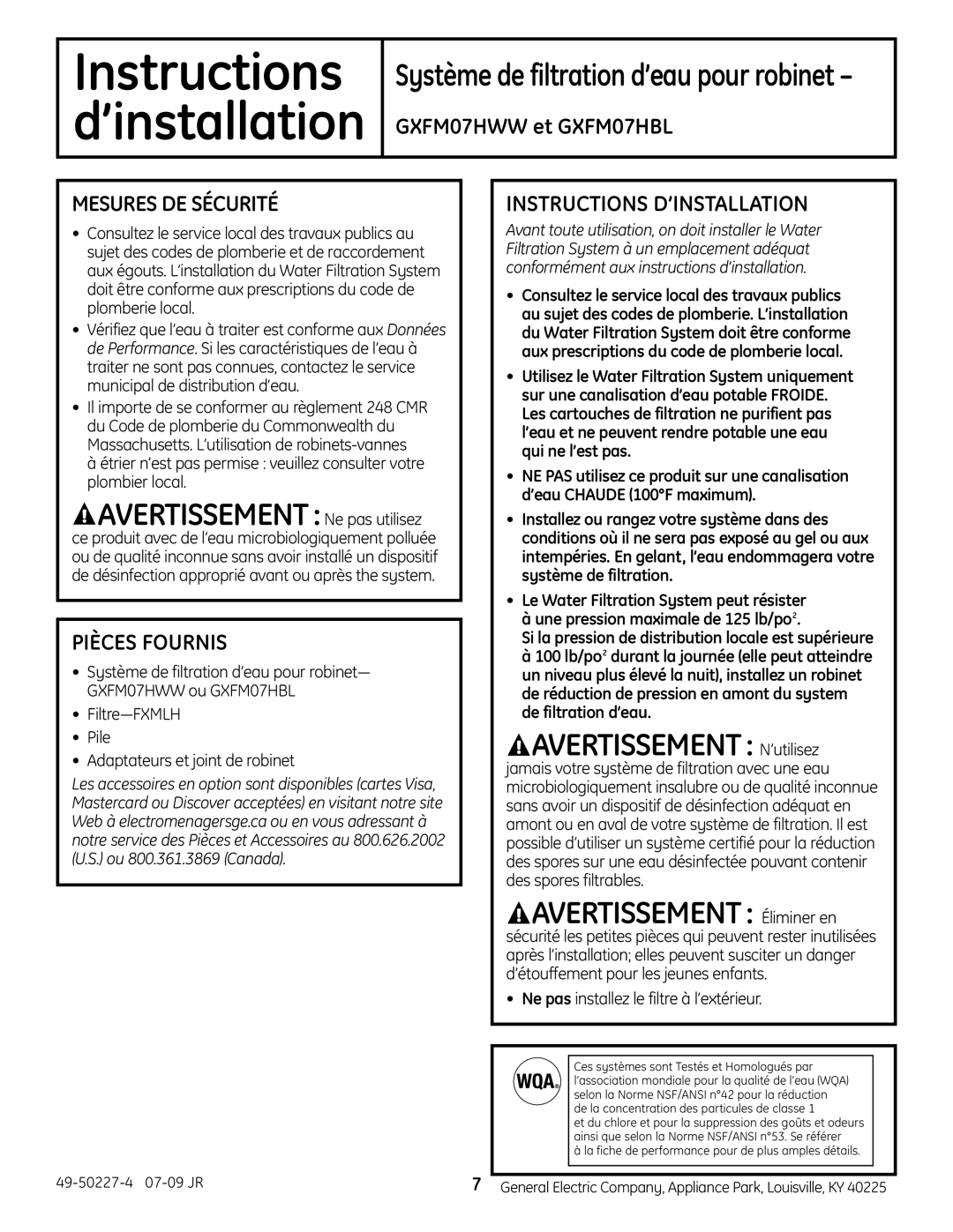 GE GXFM07HBL, GXFM07HWW Avertissement N’utilisez, Avertissement Éliminer en, Mesures DE Sécurité, Pièces Fournis 
