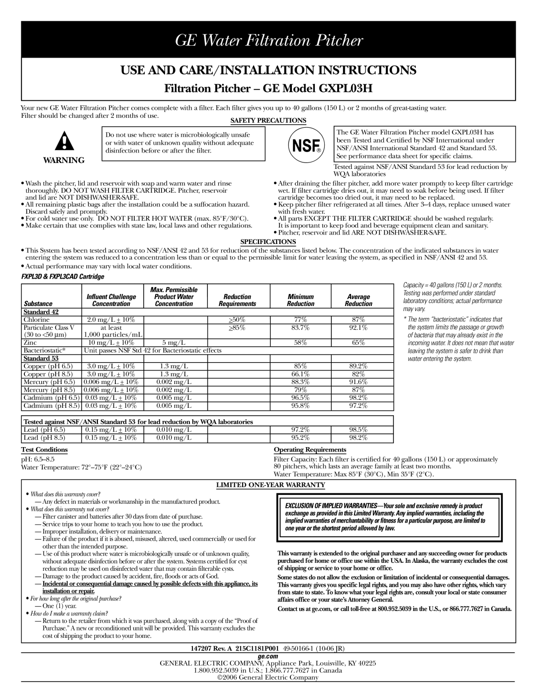 GE GXPL03H installation instructions GE Water Filtration Pitcher, USE and CARE/INSTALLATION Instructions 