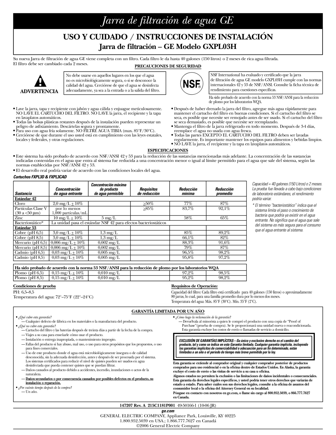 GE GXPL03H Jarra de filtración de agua GE, USO Y Cuidado / Instrucciones DE Instalación, Cartuchos FXPL3D & FXPL3CAD 