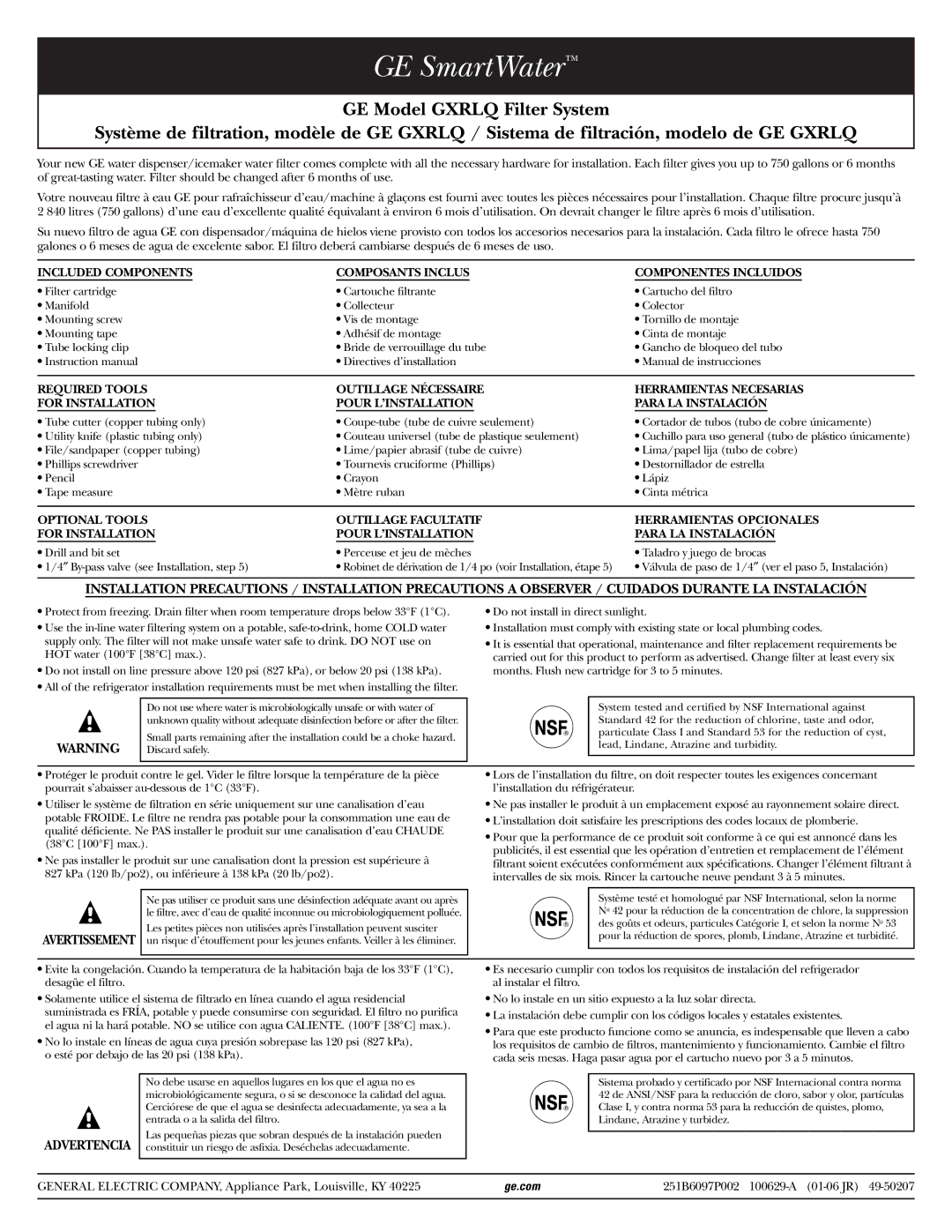 GE GXRLQ instruction manual GE SmartWater 