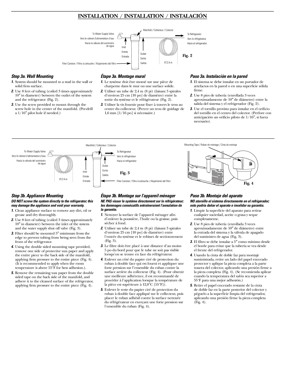 GE GXRLQ instruction manual Wall Mounting, Étape 3a. Montage mural, Paso 3a. Instalación en la pared, Appliance Mounting 