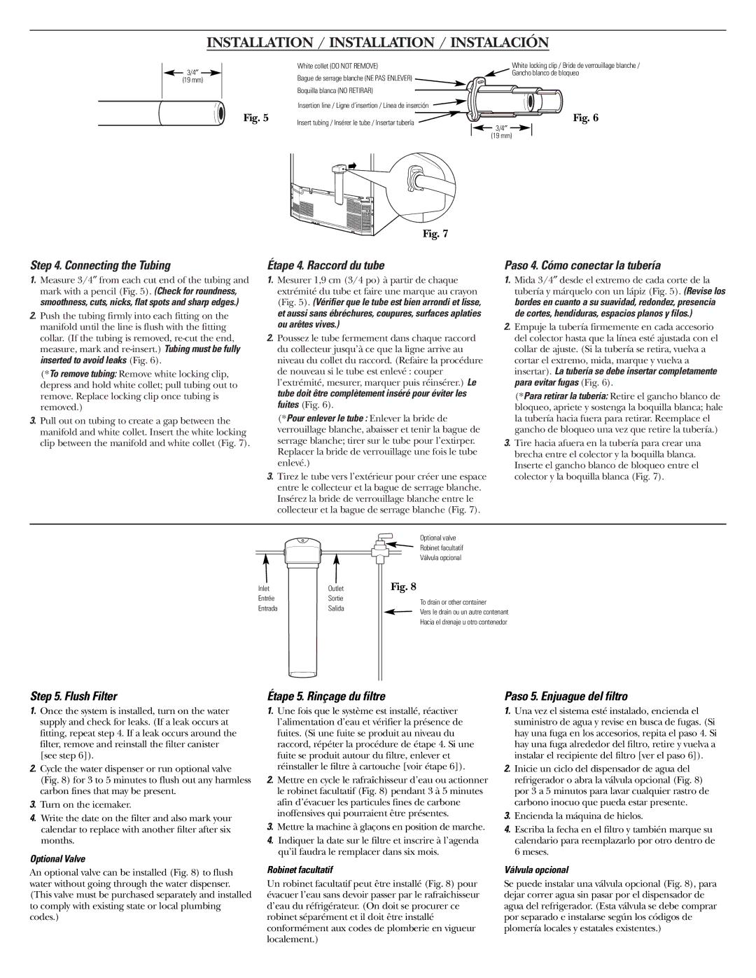 GE GXRLQ instruction manual Connecting the Tubing Étape 4. Raccord du tube, Flush Filter, Étape 5. Rinçage du filtre 