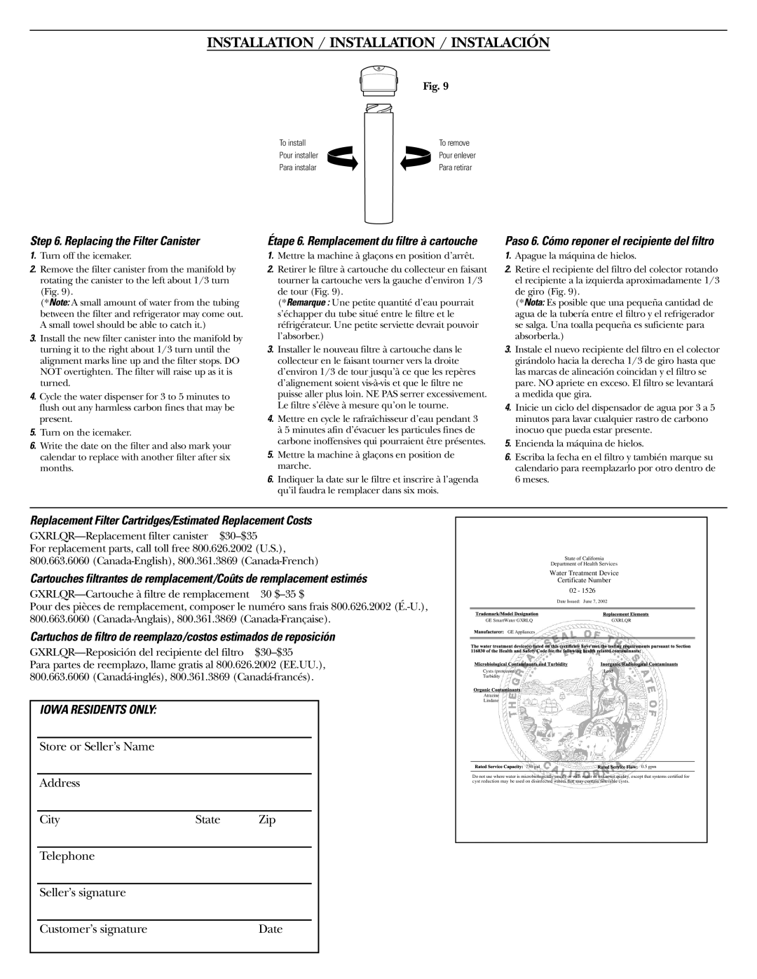 GE GXRLQ instruction manual Replacing the Filter Canister, Replacement Filter Cartridges/Estimated Replacement Costs 