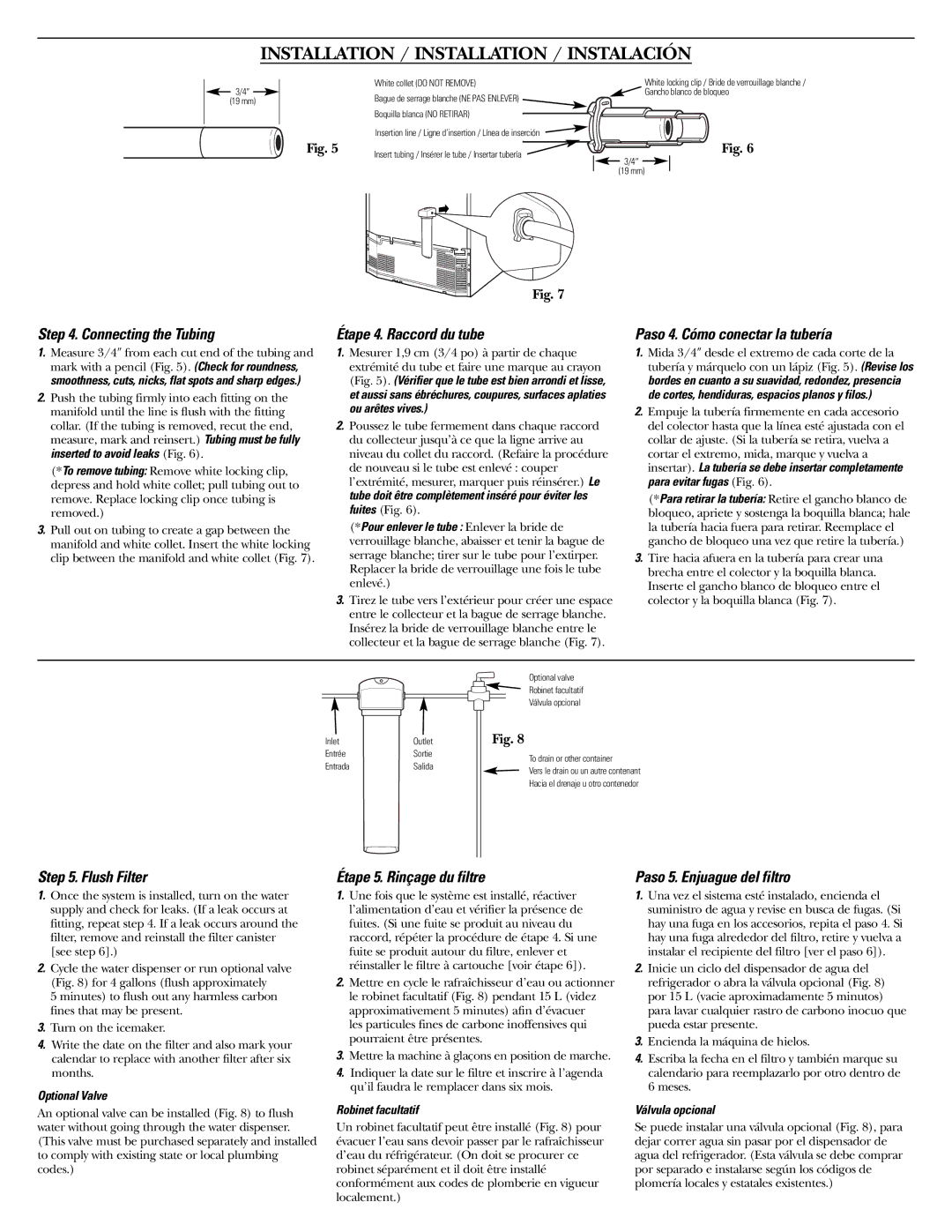 GE GXRLQR instruction manual Connecting the Tubing Étape 4. Raccord du tube, Flush Filter, Étape 5. Rinçage du filtre 